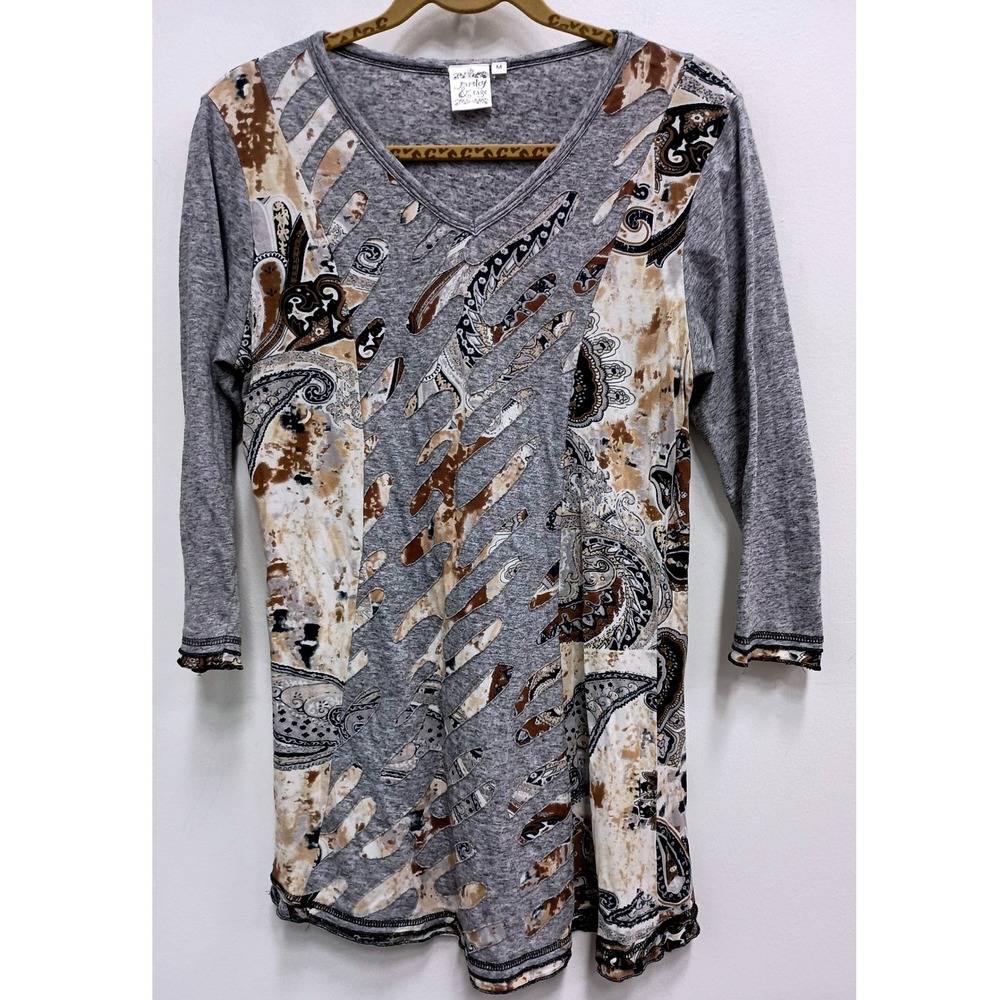 Parsley & Sage Wearable Art Tunic Top Womens Medium Grey Paisley 3/4 Sleeve